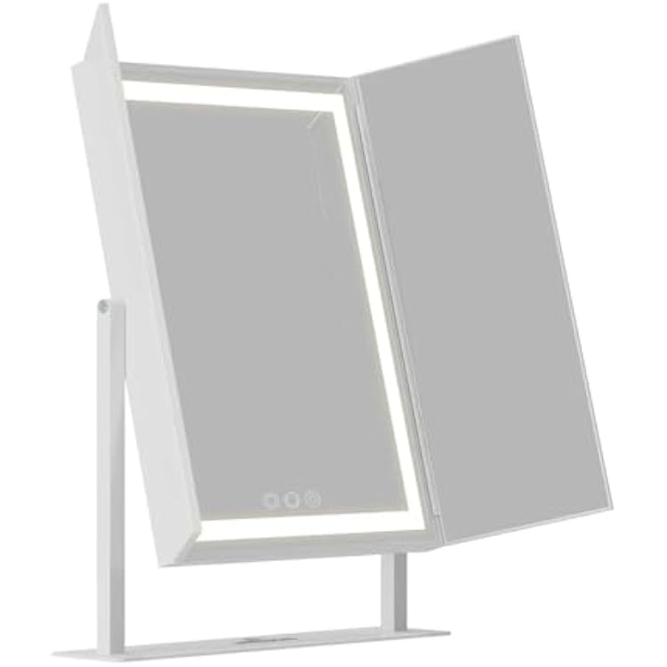 Impressions Vanity Trifold LED Makeup Mirror for Desk, Lavish Tri-Tone 360 Degree Tilt Vanity Mirror with Stand, Multiple Viewing Angles Desk Mirror White