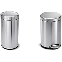 simplehuman 55 Liter Commercial Swing Top Trash Can and 1.2 Gallon Round Bathroom Step Trash Can Bundle, Brushed Stainless Steel