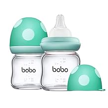 YOHKOH Natural Glass Baby Bottle with Level 1 Slow Flow Nipple, Newborn Anti-Colic Baby Bottles, Wide Neck Mushroom Baby Glass Bottle (3.4oz (Pack of 2), Blue)