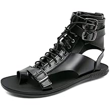 Men's Gladiator Sandals Summer Outdoor Non-Slip Beach Sandals Shoes High Top Lace-Up Buckle Sandals Leather Roman Sandals Clip Toe Flip-Flops Flats Summer Zipper Shoes for Walking Hiking White