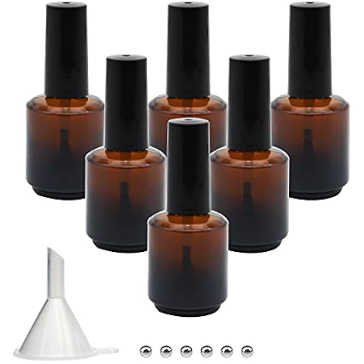 6PCS Empty Nail Polish Bottles Amber 15ML0.5 oz, Empty Dark Glass Refillable Nail Polish Bottles with Brush & Mixing Balls & Funnels,Brown
