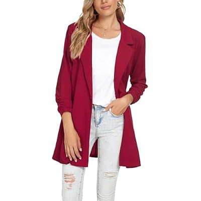 Unifizz Womens Casual Basic Blazers Work Office Blazer Elegant 34 Sleeve Open Front Cardigan Jacket - Red, Size 2XL