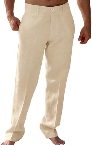 Runcati Mens Casual Pants Linen Elastic Waist Lightweight Straight Leg Pants Cotton Loose Fit Summer Beach Yoga Trousers