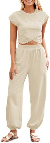 Fisoew Women's Two Piece Outfits Casual Lounge Sets Crop Tops and Joggers Tracksuit with Pockets