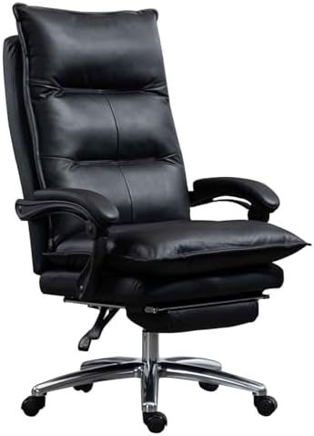 Ergonomic Genuine Leather Office Chair with Retractable Footrest, Fully Reclining High-Back Executive Computer Chair, Comfortable Swivel Boss Task Chair