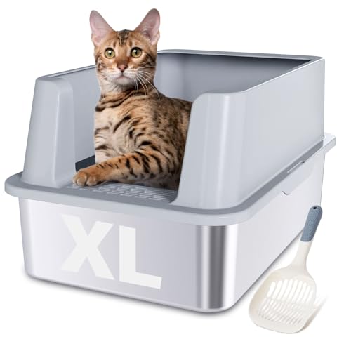 XL Stainless Steel Litter Box, Extra Large High Sided Metal Cat Litter Box with Lid and Scooper, Easy Clean, Non Stick & No Smell