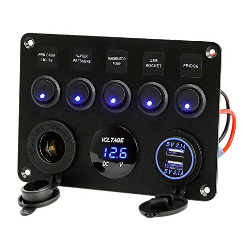 5 Gang Waterproof Rocker Switch Panel with DC 5V 4.2A USB Charger  DC 12V Socket  Digital Voltmeter Display for Car Marine Boat RV Vehicle Truck Trailer Yacht