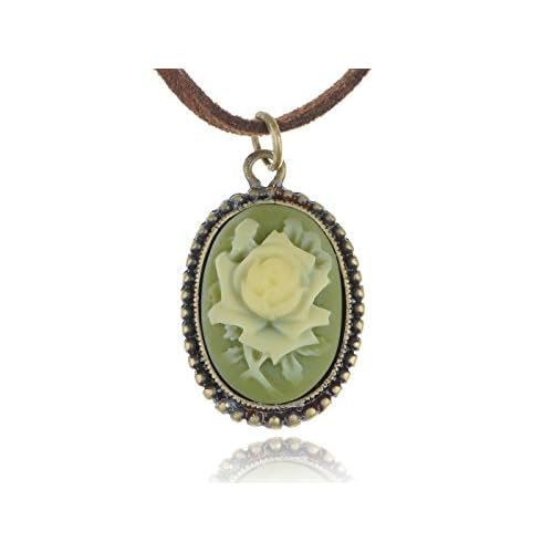 Alilang Antique Golden Tone Vintage Faux Suede Enamel Rose Oval Pendant Necklace