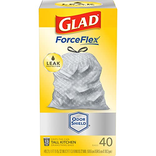 Glad ForceFlex Tall Kitchen Drawstring Trash Bags, 13 Gal, OdorShield, 40 Ct