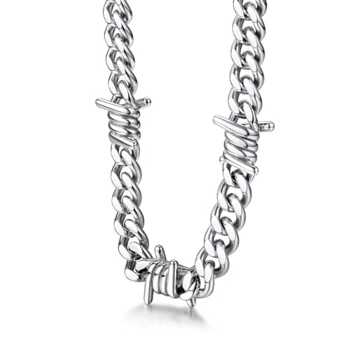 Bestyle Barbed Wire Necklace 57912mm Mens Chain Necklaces Hip-hop Punk Gothic Stainless Steel Chain Heavy Thick Cuban Link Chain for Men Women, Length 161820 Inch