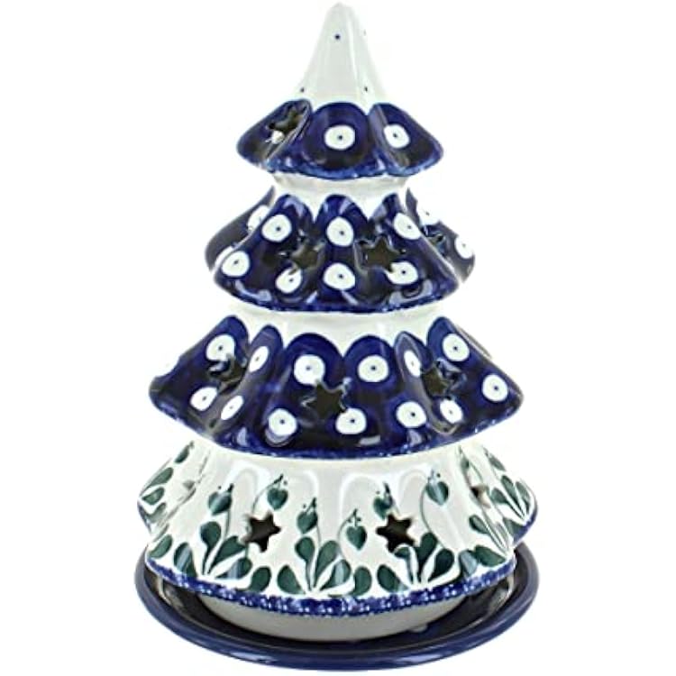 Blue Rose Polish Pottery - Blue Alyce Medium Christmas Tree Luminary - 7 Tall - Hand-Painted Polish Pottery Holiday Candle Holder, Unique Christmas Gift & Festive Decor