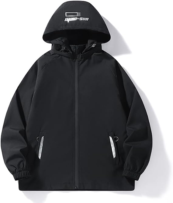 Men's hooded windbreaker jacket with lightweight full zipper with reflective details
