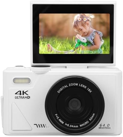 4K Digital Camera 64MP UHD 18X Zoom Autofocus Retro Compact Digital Camera with 3 Inch Flip Screen for Travel Photography (White)