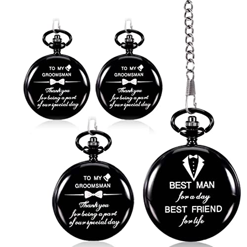 4 Pcs Groomsman Gifts for Wedding Groomsmen Engraved Pocket Watch Best Man Proposal Gifts Roman Numerals Quartz Pocket Watch Wedding Gifts with Chain for Groomsman Best Man