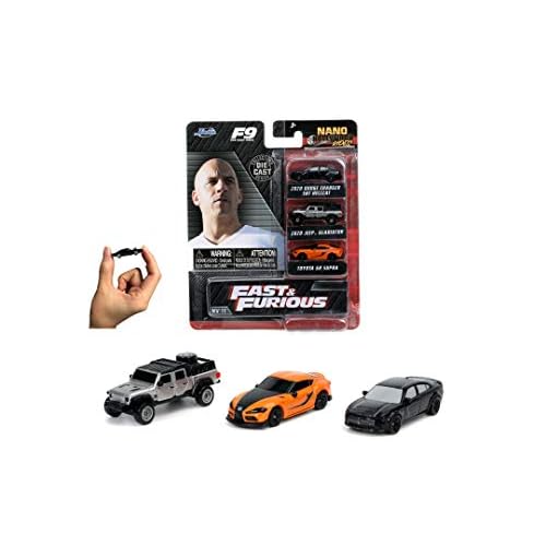 Jada Toys 253201003 Fast & Furious Set of 3 C Nano Collectable Cars, Jeep Gladiator, 2019 Dodge Charger SRT Hellcat Widebody, 2020 Toyota Supra, 4 cm, from 3 Years, Multicoloured