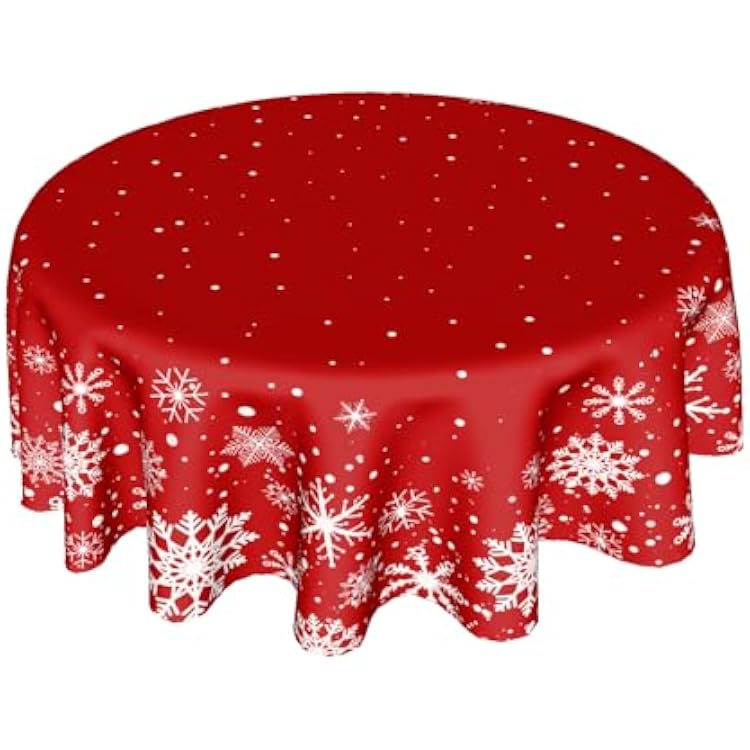 Christmas Round Tablecloth 60 Inch, Merry Christmas Snowflake Round Table Cloth Outdoor Waterproof Christmas Tablecloths Red Xmas Cover Holiday Tabletop Decoration for Kitchen Home Party Dining