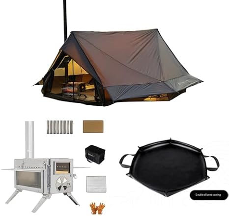 Hot Tent with Stove Jack for Winter Camping - 4 Season, 1-2 Person + Camping Wood Stove with 8 Stainless Steel Insulated Chimneys (304 Stainsteel) + Fireproof Mat