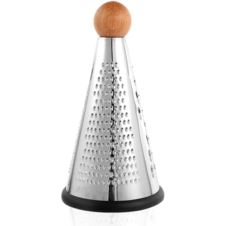 Cone Parmesan Cheese Grater - Stainless Steel Triple Function Wood Table Parmesan Shaver Non-Slip Rubber Bottom Hand Held Multifunction Vegetables Grater for Kitchen L: 9 X 4.7