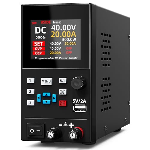 BSIDE 40V 20A DC Power Supply Variable, Programmable with Encoder Knob, Adjustable Switching Regulated Bench Power Supply, 4-Digits LED Display with Memory Storage, 5V2A USB Ports and Output Button