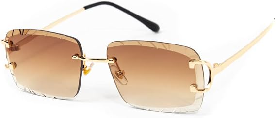 Street Knitted Rimless Luxury 90's Hip Hop Square Gem Cut Summer Beach Sun Glasses Retro Brown Orange Tint Shades Gold Wire Metal Frame Rectangular Diamond Cut Lens Frameless Sunglasses For Men Women