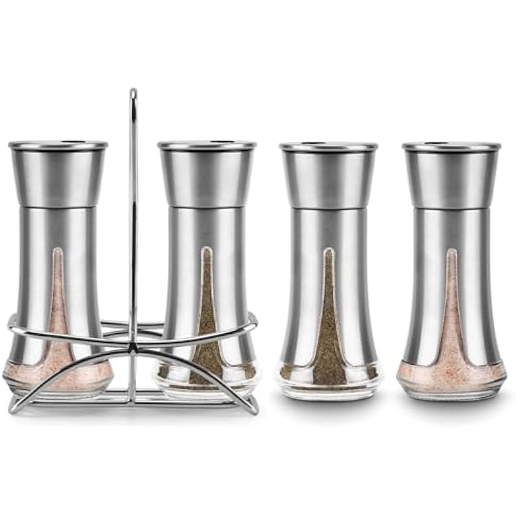 Aelga Salt and Pepper Shakers with Holder, Salt Shaker for the Kitchen with Adjustable Pour Holes