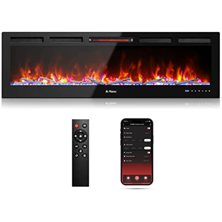 TURBRO 60 Smart WiFi Infrared Electric Fireplace with Sound Crackling and Realistic Flame, 1500W Quartz Heater, Recessed or Wall Mounted, Adjustable Flame Effects, Remote Control and App, in Flames
