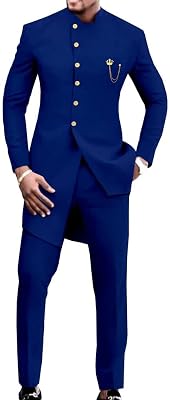 Mens 2 Piece Party Suit African Dashiki Shirt Long Sleeve Tux Blazer & Pants Formal Wedding Outfit Suit Tracksuit Color : Blue, Size : 4X-Large