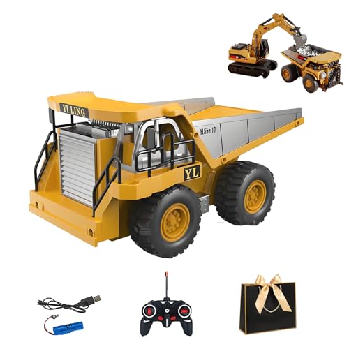 Mini Excavator Toy Remote Control, 1:64 Premium Alloy Mini RC Construction Set Forklift, Excavator & Dump Truck, 3-Speed Settings, Remote Control Turn Off Lights, A Great Gift for Kids Dump Truck