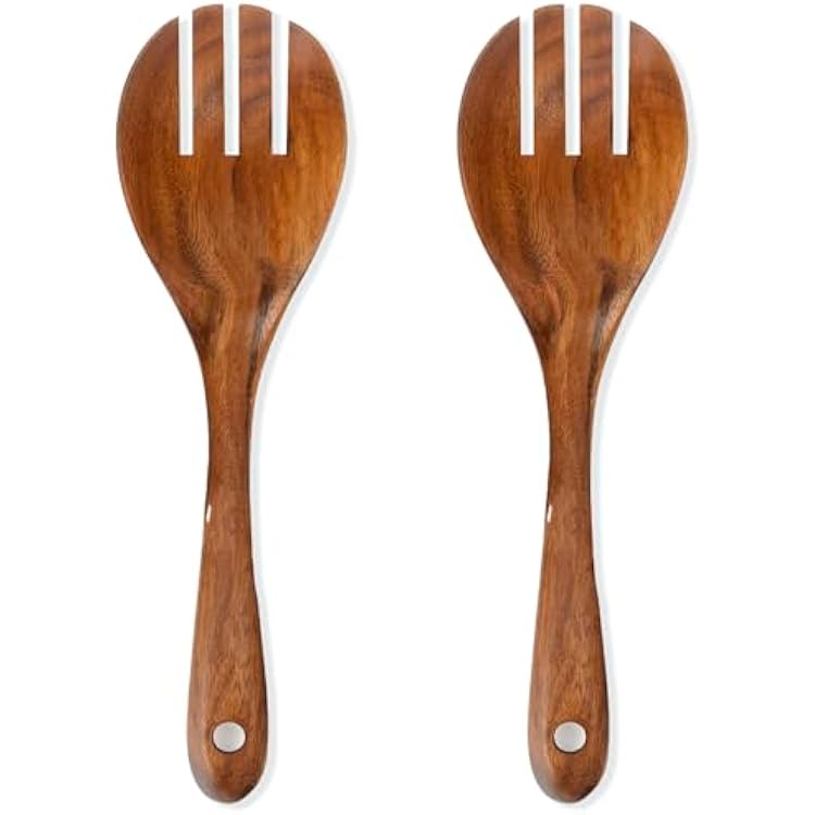 Large Teak Wooden Forks for Salad Serving Set of 2, 13-Inch Teak Wooden Serving Spork Set, Natural Wood Salad Servers, Wooden Kitchen Forks, Salad Servers Resistant to High Heat