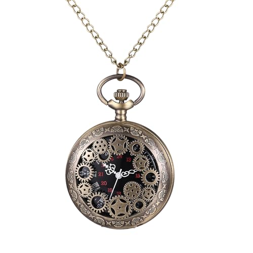OIDEA Mens Womens Pocket Watch: Steampunk Hollow Embossed Gear Decoration Analog Quartz Pocket Watches with Chain Graduation Christmas Birthday Gifts, Bronze