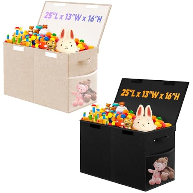 Large Toy Storage Box with Lid Divider, Sturdy Collapsible Toys Organizer Bins Chests Baskets for Kids Boys Girls, Nursery, Bedroom, Living Room, Playroom, Closet, 25x13x16