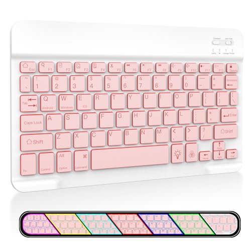 XIWMIX Ultra-Slim Wireless Bluetooth Keyboard-7 Colors Backlit Universal Rechargeable Portable Keyboard for iPad 10th9th8thiPad ProAirMiniGalaxy Tablet & Other iOS Android Windows Devices-Pink