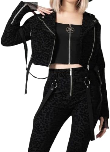 Killstar Demon Claw Black Biker Jacket Flocked Leopard Print Goth-XL