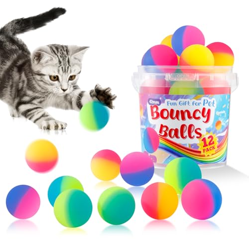 Cat Toy Bouncy Balls, 12 Pack 1.65 Inch High Elasticity Bouncing Balls for Cats, Colorful Interactive Pet Toy Gift for Puppy Kitty Indoor Play and Exercise