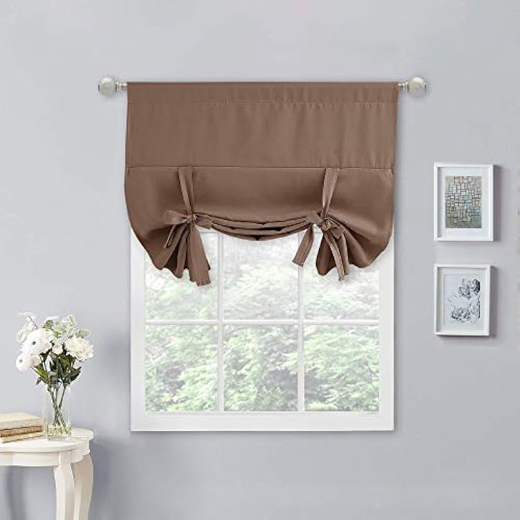 NICETOWN 45 inches Blackout Curtain - Balloon Roll Up Window Tie Up Shades for KitchenNurseryBathroom Window 1 Panel, Cappuccino, 34 W by 45 L