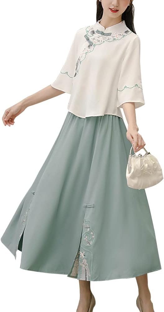 Chinese Tang Suit Women's Traditional Qipao Cheongsam Embroidered Two Piece Outfit Mandarin Top Tea Length Skirt Dress