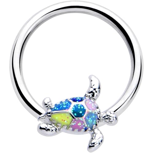 16G 316L Stainless Steel Glitter Turtle Sea Turtle Captive Nipple Horseshoe Nose Cartilage BCR Captive Ring 38
