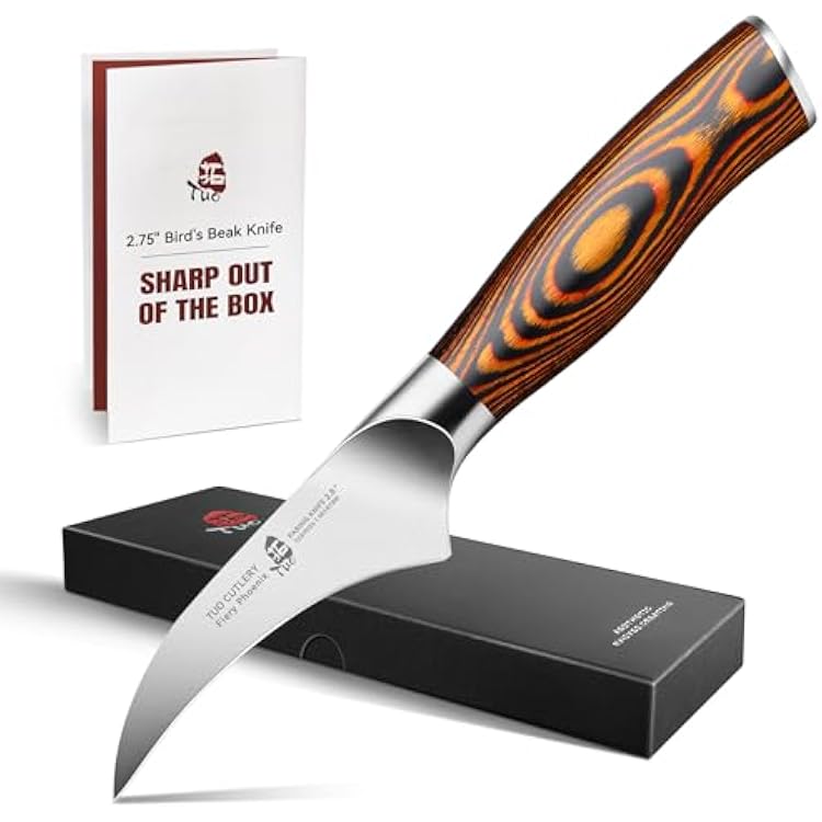 TUO Bird Beak Paring Knife, 2.5 inch Handy Peeling Knife, Curved Small Blade for Fruit & Vegetable, German Stainless Steel, Ergonomic Pakkawood Handle - Fiery Series