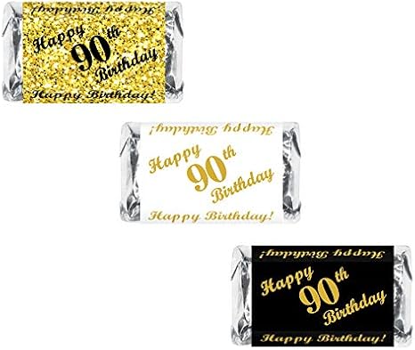 Happy 90th Birthday Miniatures Candy Bar Wrapper, (Set of 60) Mini Chocolate Candy Bar Stickers; 3 Designs: 24 Gold, 24 Black, 12 White, Candy Not Included. Made in USA