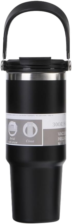 30 Oz Vacuum Insulated Bottle with Handle and Flip Straw Double Wall Stainless Steel Coffee Cup Travel Mug Leak Proof,A