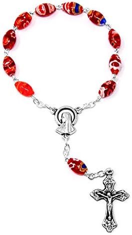 Red Virgin Mary Murano Glass One Decade Rosary Beads, Junction Medal Depicts The Virgin Mary & Lourdes Prayer Card