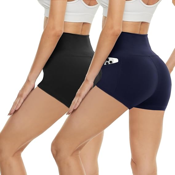 CAMPSNAIL 3" Biker Shorts Women with Pockets and 3" Workout Shorts (Black/Navy Blue, Size Large-X-Large)