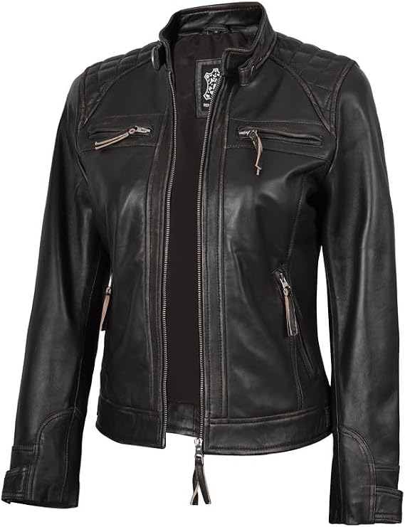 Blingsoul Women's Leather Jacket - Quilted Real Lambskin Cafe Racer Biker Style Jacket for Women