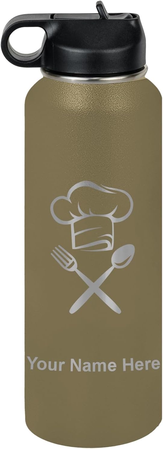LaserGram Personalized 40oz Water Bottle, Chef Hat (Camo Green)