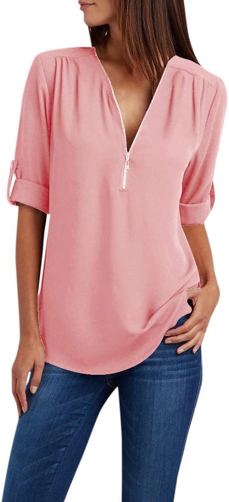 Womens Casual Short Sleeve Tops Shirt Ladies V Neck Zipper Loose Solid Color Work Office T-Shirt Blouse Tee Top