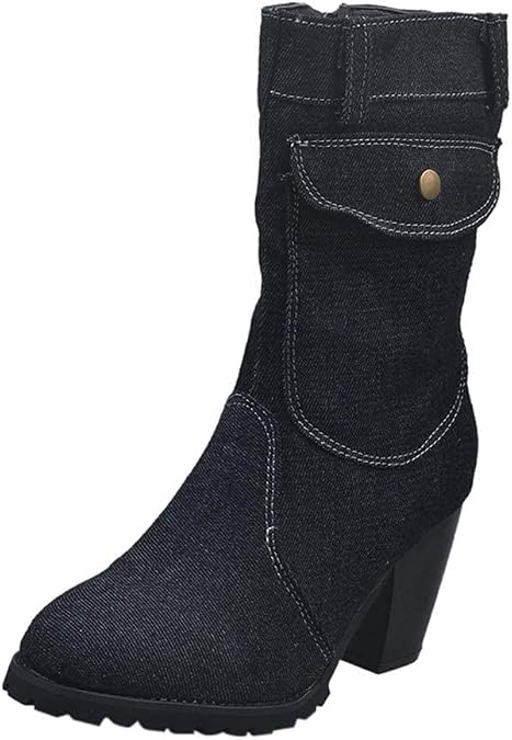 BORAMAX Calf Boots for Women Denim Short Boots Winter Zipper Rome Boots Round Toe Thick High Heel Slip-On Retro