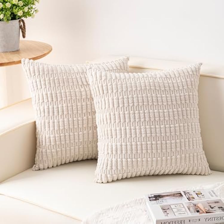 Pack of 2 Corduroy Decorative Throw Pillow Covers 18x18 Inch Soft Striped Pillow Covers Modern Farmhouse Home Decor for Sofa Living Room Couch BedCream White