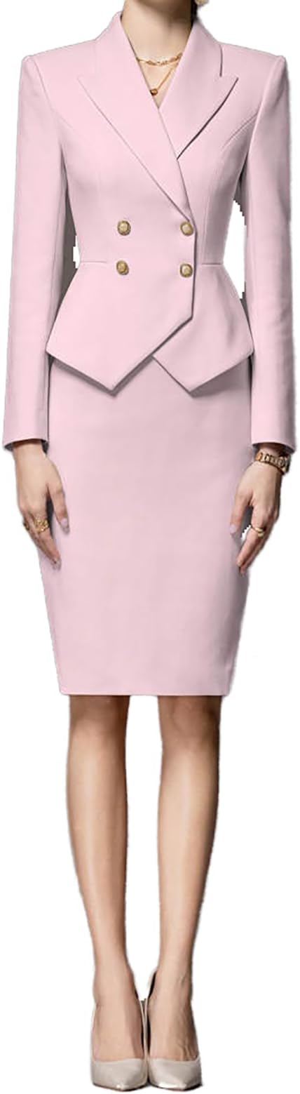 Women's Business Suit 2 Piece Double Breasted Long Sleeve Skirt Suit Set Lady Blazer Solid Slim Fit Jacket Skirt