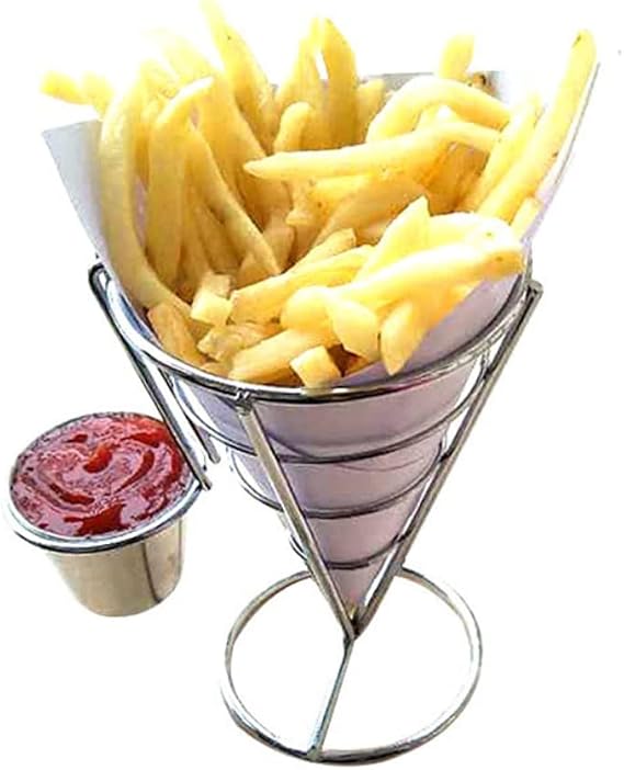 BESTYASH 2PCS French Fry Cone Holder Stainless Steel Fries Stand with Sauce Dippers Metal Wire Basket for Food Display for Buffets and Parties
