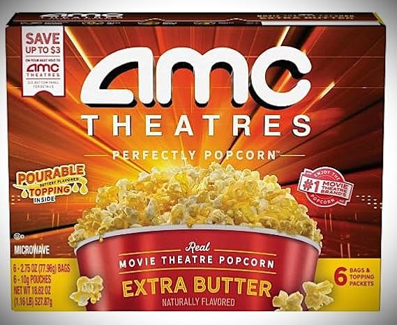 AMC Theatres Extra Butter Microwave Popcorn | 6 Bags and Butter Topping Packets